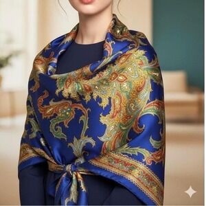 Vtg  Japan Silk Dragon Scarf Cobalt Gold Chinoiserie Hand Rolled 32" Maximalist